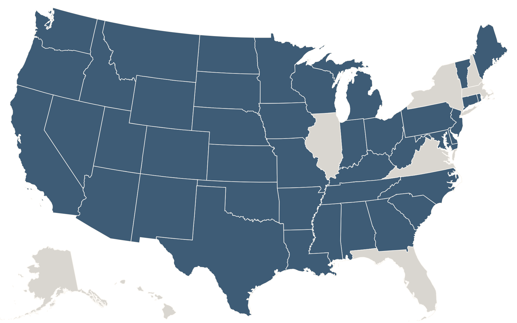 Map of the 42 states NMH Insurance Agency serves, highlighted in blue